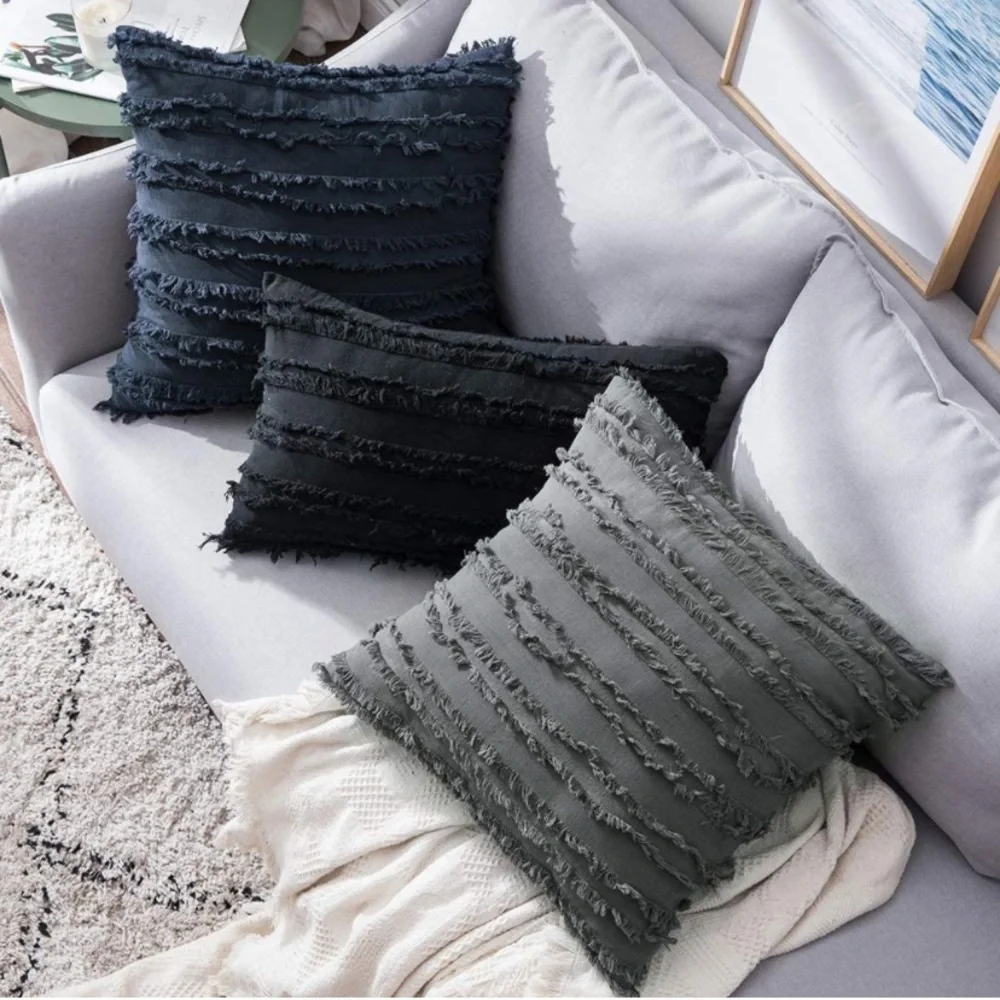 Luxury Home | Boho Chic Dark Grey Frayed Striped Jaquard Throw Pillow Covers